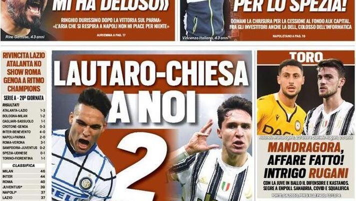 Prima pagina, Tuttosport: “”Lautaro-Chiesa, a noi due. De Laurentiis mi ha deluso”  Prima pagina, Tuttosport: “”Lautaro-Chiesa, a noi due. De Laurentiis mi ha deluso”