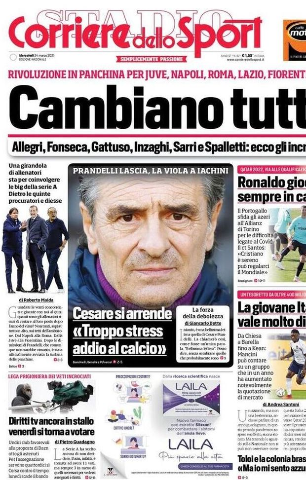 Prima Pagina, Corriere dello Sport: &#8220;Cambiano tutti. Cesare si arrende! Ronaldo gioca sempre in casa&#8221; 