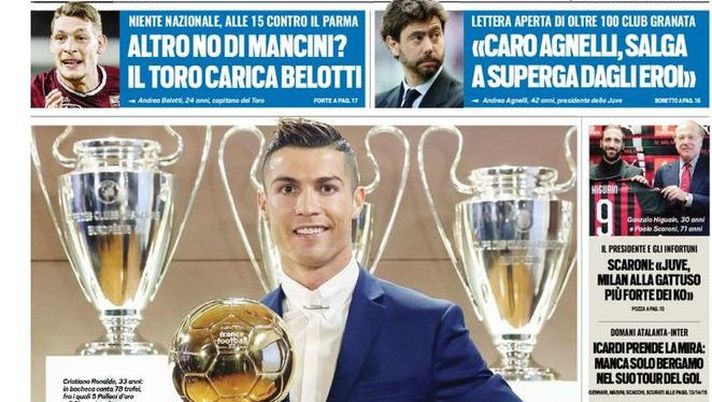 Prima Pagina, Tuttosport: “Per noi sei da Pallone d’Oro. Il Toro carica Belotti. Milan, più forte dei ko. Icardi prende la mira…” Prima Pagina, Tuttosport: “Per noi sei da Pallone d’Oro. Il Toro carica Belotti. Milan, più forte dei ko. Icardi prende la mira…”