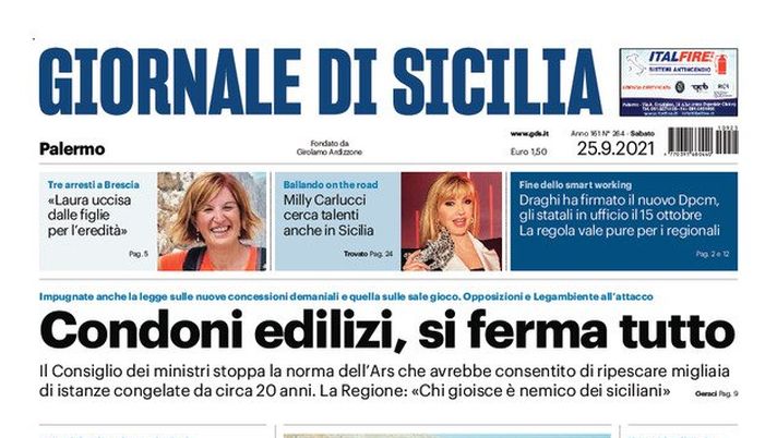 Prima Pagina, Giornale di Sicilia: “Condoni edilizi, si ferma tutto” 