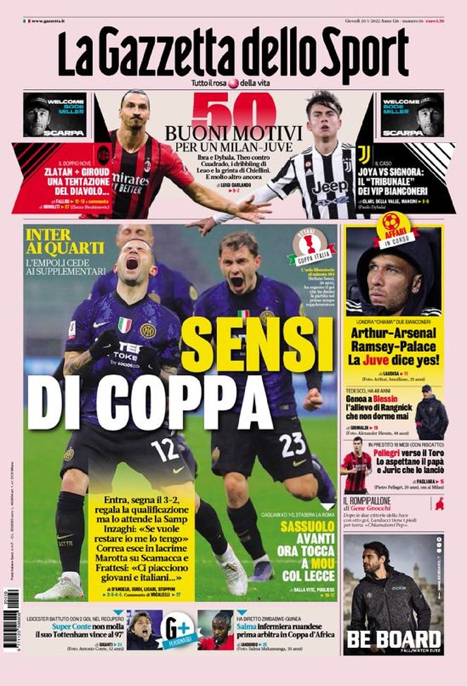 Prima Pagina, La Gazzetta dello Sport: “Sensi di Coppa. Arthur-Arsenal, Ramsey-Palace” - immagine 1