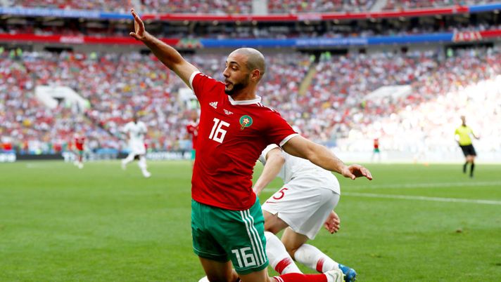 MOSCOW, RUSSIA - JUNE 20: Noureddine Amrabat of Morocco is fouled Raphael Guerreiro of Portugal during the 2018 FIFA World Cup Russia group B match between Portugal and Morocco at Luzhniki Stadium on June 20, 2018 in Moscow, Russia. (Photo by Dean Mouhtaropoulos/Getty Images) MOSCOW, RUSSIA - JUNE 20: Noureddine Amrabat of Morocco is fouled Raphael Guerreiro of Portugal during the 2018 FIFA World Cup Russia group B match between Portugal and Morocco at Luzhniki Stadium on June 20, 2018 in Moscow, Russia. (Photo by Dean Mouhtaropoulos/Getty Images)