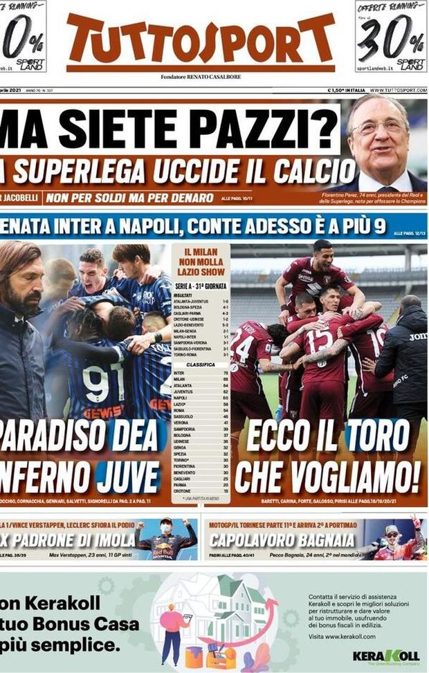 Tuttosport, la prima pagina di oggi, lunedì 19 aprile 2021 Tuttosport, la prima pagina di oggi, lunedì 19 aprile 2021