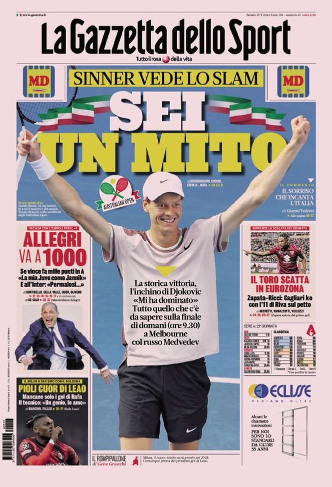 La prima pagina de La Gazzetta dello Sport 27-01-2024