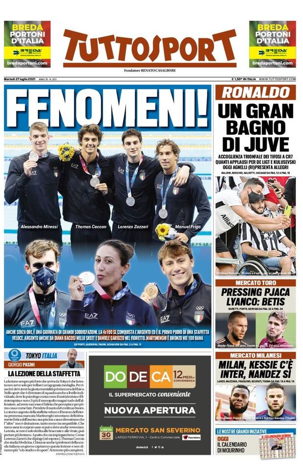 Prima Pagina, Tuttosport: “Fenomeni! Ronaldo, un gran bagno di Juve” Prima Pagina, Tuttosport: “Fenomeni! Ronaldo, un gran bagno di Juve”