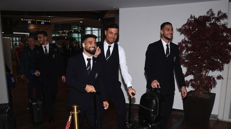 PALERMO, ITALY - NOVEMBER 17:  Gaetano Castrovili,  Lorenzo Insigne, Rolando Mandragora and Armando Izzo of Italy depart to Palermo on November 17, 2019 in Palermo, Italy.  (Photo by Claudio Villa/Getty Images)