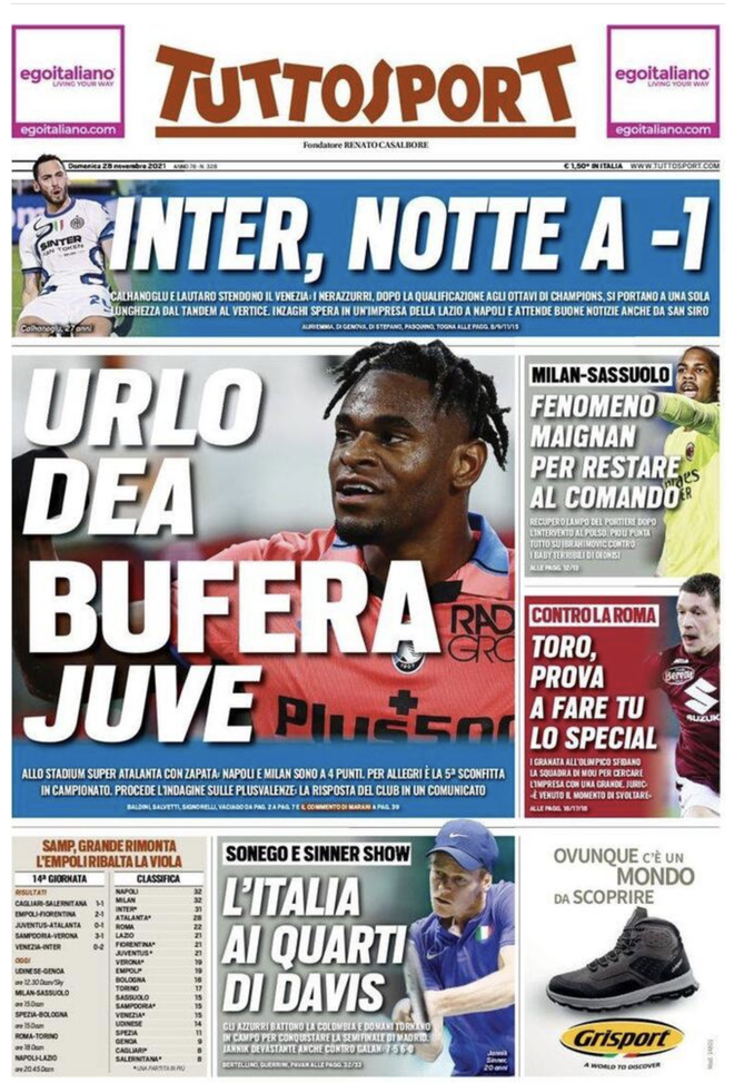 Prima Pagina, Tuttosport: “Urlo Dea, bufera Juventus. Inter, notte a -1” 