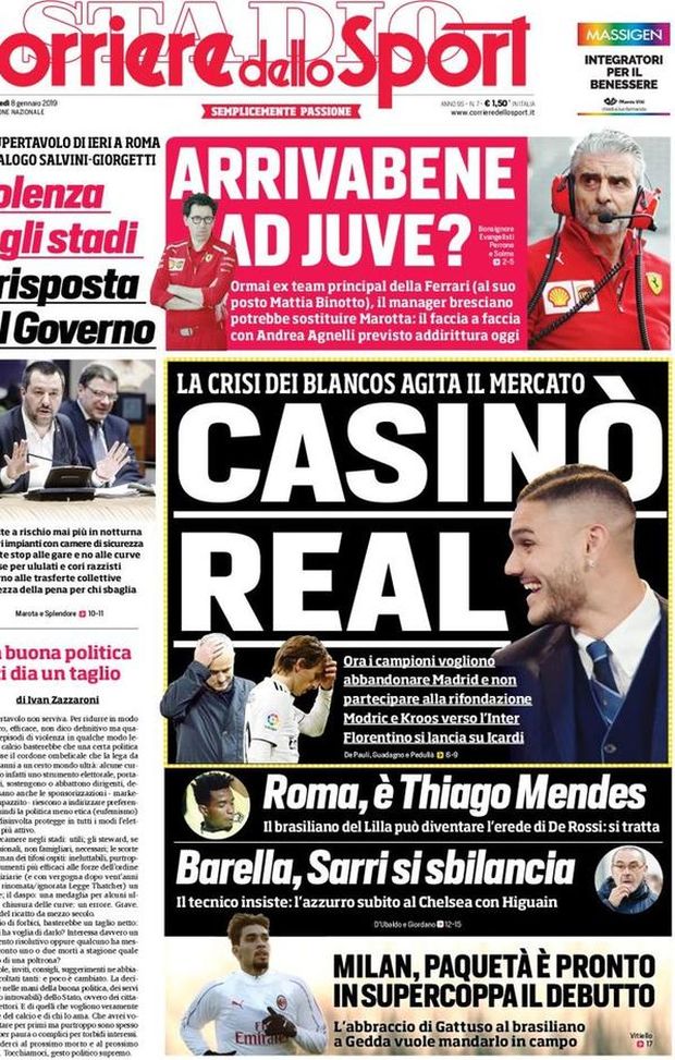 Prima Pagina, Corriere dello Sport: “Casinò Real. Arrivabene ad Juve? Roma, è Thiago Mendes. Barella…” Prima Pagina, Corriere dello Sport: “Casinò Real. Arrivabene ad Juve? Roma, è Thiago Mendes. Barella…”