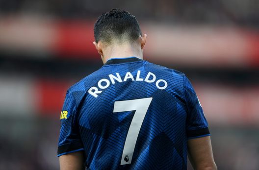 LONDON, ENGLAND - APRIL 23: Cristiano Ronaldo of Manchester United looks on during the Premier League match between Arsenal and Manchester United at Emirates Stadium on April 23, 2022 in London, England. (Photo by Mike Hewitt/Getty Images) Ronaldo
