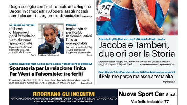 Prima Pagina, Giornale di Sicilia: “Roghi e paura arrivano rinforzi da tutta Italia” 