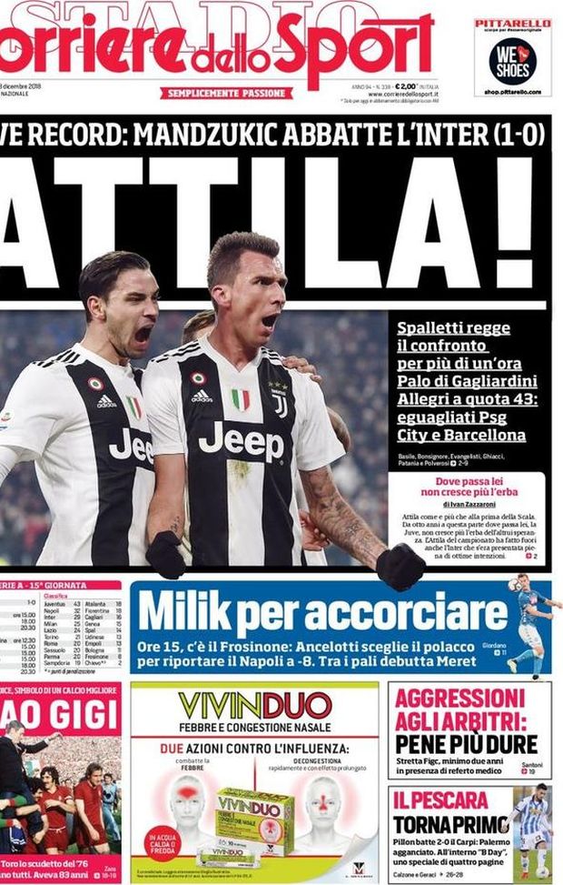 Prima Pagina, Corriere dello Sport: “Attila! Milik per accorciare. Ciao Gigi. Il Pescara torna primo…” Prima Pagina, Corriere dello Sport: “Attila! Milik per accorciare. Ciao Gigi. Il Pescara torna primo…”