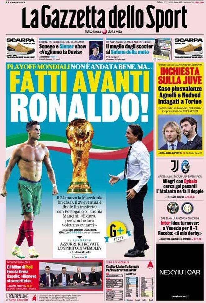 La Gazzetta dello Sport, la prima pagina di oggi, sabato 27 novembre 2021