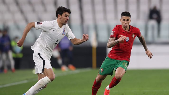TURIN, ITALY - MARCH 24: Azar Salahli of Azerbaijan and Joao Cancelo of Portugal focus on the ball during the FIFA World Cup 2022 Qatar qualifying match between Portugal and Azerbaijan at Allianz Stadium on March 24, 2021 in Turin, Italy. (Photo by Jonathan Moscrop/Getty Images) 