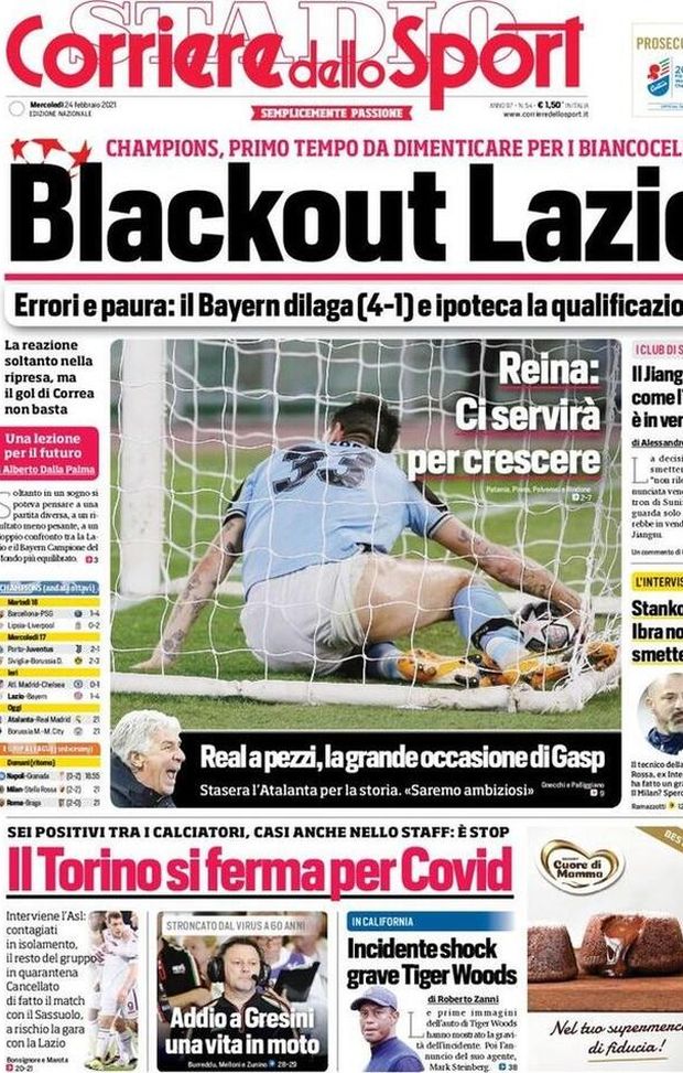 Prima Pagina, Corriere dello Sport: “Blackout Lazio! Real a pezzi, la grande occasione di Gasp. Il Torino si ferma per Covid” Prima Pagina, Corriere dello Sport: “Blackout Lazio! Real a pezzi, la grande occasione di Gasp. Il Torino si ferma per Covid”