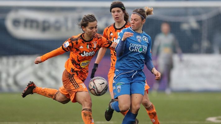 EMPOLI, ITALY - JANUARY 30: Cecilia Prugna of Empoli Ladies in action against Annahita Zamanian of Juventus Women during the Women Coppa Italia match between Empoli Ladies and Juventus Women on January 30, 2021 in Empoli, Italy. (Photo by Gabriele Maltinti/Getty Images) zamanian