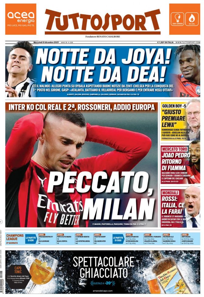 Prima Pagina, Tuttosport: “Peccato, Milan. Notte da Joya! Notte da Dea!” - immagine 1
