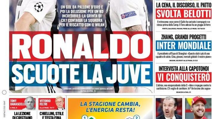 Prima Pagina, Tuttosport: “Ronaldo scuote la Juve. Magia Suso. La Lazio piega il Marsiglia…” 