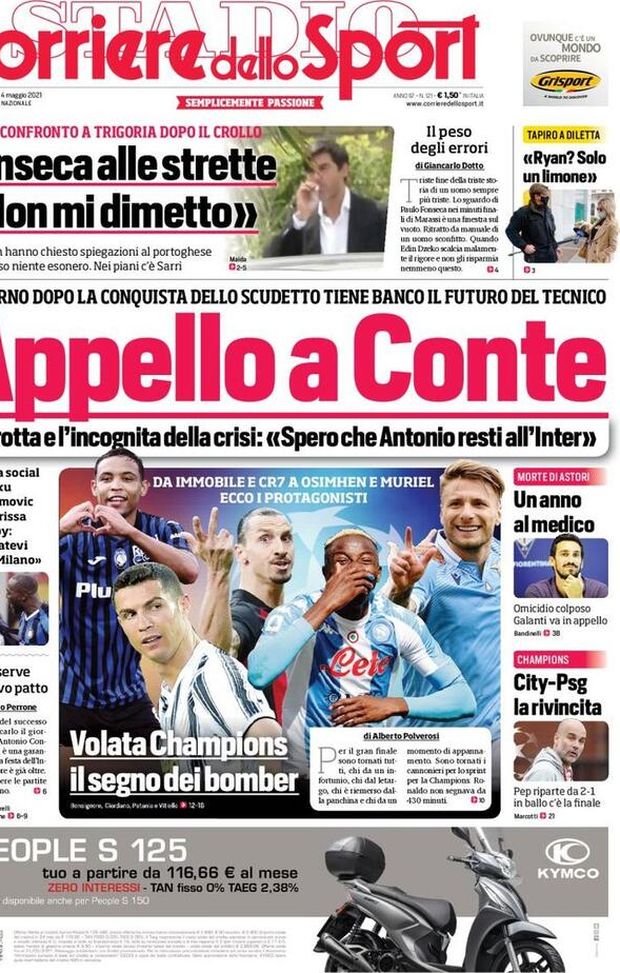 Prima Pagina, Corriere dello Sport: “Appello a Conte. Volata Champions, il segno dei bomber. City-Psg, la rivincita” Prima Pagina, Corriere dello Sport: “Appello a Conte. Volata Champions, il segno dei bomber. City-Psg, la rivincita”