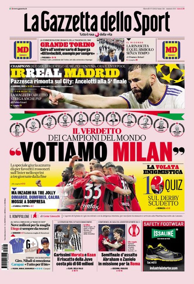 Prima Pagina, Gazzetta dello Sport: “Irreal Madrid, pazzesca rimonta. Missione Roma” Prima Pagina