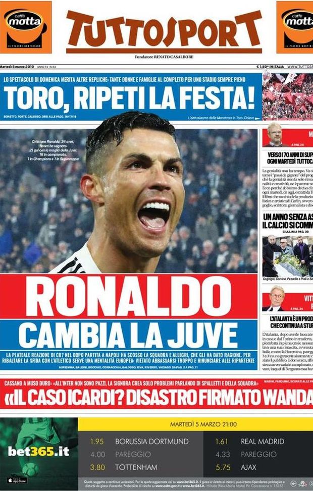 Prima Pagina, Tuttosport: “Ronaldo cambia la Juve. Cassano: ‘Icardi? Disastro firmato Wanda’. Toro, ripeti la festa!” Prima Pagina, Tuttosport: “Ronaldo cambia la Juve. Cassano: ‘Icardi? Disastro firmato Wanda’. Toro, ripeti la festa!”