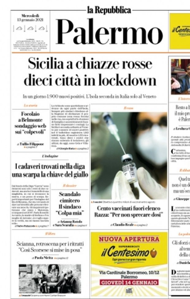 Prima Pagina, Repubblica Palermo: “Sicilia a chiazze rosse, dieci città in lockdown” Prima Pagina, Repubblica Palermo: “Sicilia a chiazze rosse, dieci città in lockdown”
