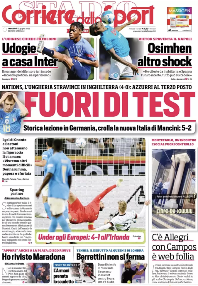 Prima Pagina, Corriere dello Sport: “Italia fuori di test. Osimhen altro shock” prima pagina