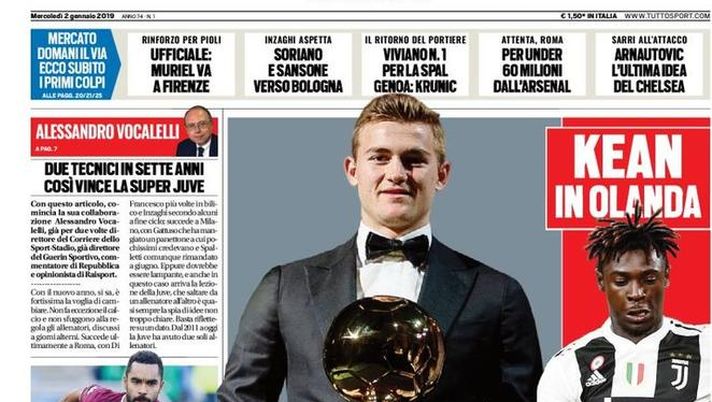Prima Pagina, Tuttosport: &#8220;Juve 2019, De Ligt! Inter, un big parte. Milan: De Paul o Gabbia. Attenta Roma&#8230;&#8221; 