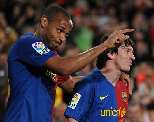 BARCELONA, SPAIN - MARCH 22: Thierry Henry (L) of Barcelona celebrates scores his sides third goal with his teammate Lionel Messi during the La Liga match between Barcelona and Malaga at the Camp Nou Stadium on March 22, 2009 in Barcelona, Spain. (Photo by Jasper Juinen/Getty Images) BARCELONA, SPAIN - MARCH 22: Thierry Henry (L) of Barcelona celebrates scores his sides third goal with his teammate Lionel Messi during the La Liga match between Barcelona and Malaga at the Camp Nou Stadium on March 22, 2009 in Barcelona, Spain. (Photo by Jasper Juinen/Getty Images)
