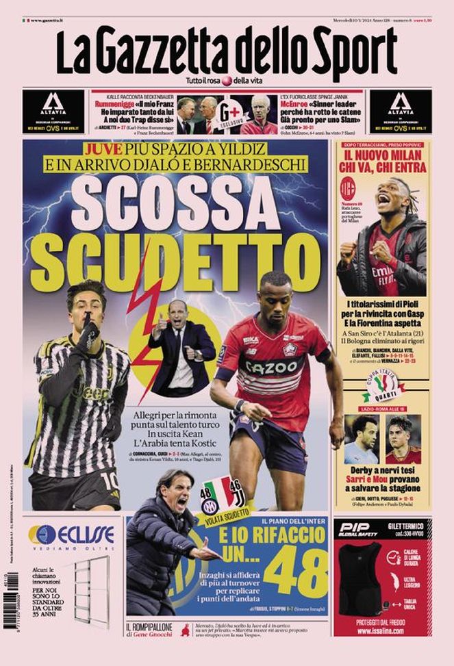 La prima pagina de La Gazzetta dello Sport 10-01-2024