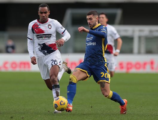 VERONA, ITALY - JANUARY 10: Mattia Zaccagni of Hellas Verona is challenged by Koffi Djdji of FC Crotone during the Serie A match between Hellas Verona FC and FC Crotone at Stadio Marcantonio Bentegodi on January 10, 2021 in Verona, Italy. (Photo by Emilio Andreoli/Getty Images) VERONA, ITALY - JANUARY 10: Mattia Zaccagni of Hellas Verona is challenged by Koffi Djdji of FC Crotone during the Serie A match between Hellas Verona FC and FC Crotone at Stadio Marcantonio Bentegodi on January 10, 2021 in Verona, Italy. (Photo by Emilio Andreoli/Getty Images)