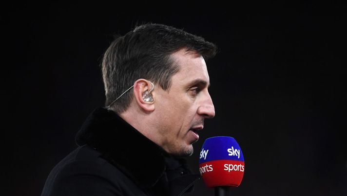 SHEFFIELD, ENGLAND - JANUARY 10: Ex-Manchester United and England footballer turned Sky Television Presenter Gary Neville talks to camera during the Premier League match between Sheffield United and West Ham United at Bramall Lane on January 10, 2020 in Sheffield, United Kingdom. (Photo by Laurence Griffiths/Getty Images) 