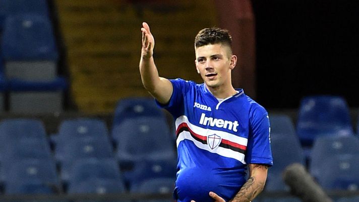 GENOA, ITALY - DECEMBER 04: Dawid Kownacki of Sampdoria celebrates after scoring the second goal of his team during the Coppa Italia match between UC Sampdoria and Spal at Stadio Luigi Ferraris on December 4, 2018 in Genoa, Italy. (Photo by Paolo Rattini/Getty Images)