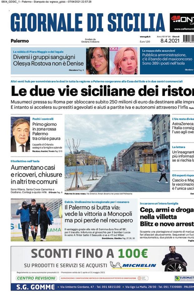 Prima Pagina, Giornale di Sicilia: &#8220;Le due vie siciliane dei ristori. Il Palermo si butta via&#8221; 