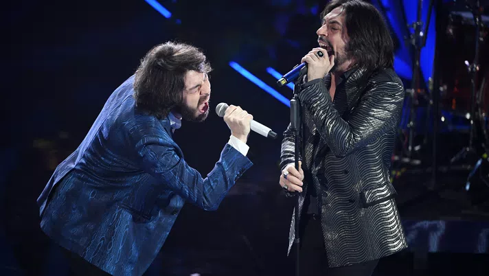 SANREMO, ITALY - FEBRUARY 06: Le Vibrazioni and I Canova attend the 70° Festival di Sanremo (Sanremo Music Festival) at Teatro Ariston on February 06, 2020 in Sanremo, Italy. (Photo by Daniele Venturelli/Getty Images)