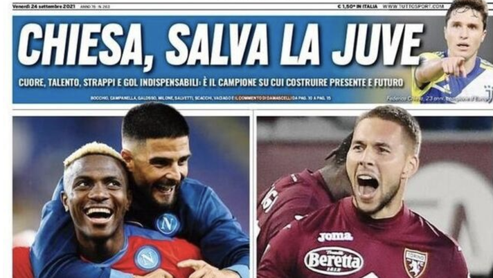 Prima Pagina, Tuttosport: “Chiesa salva la Juve, è grande Toro. Scappa Napoli” 