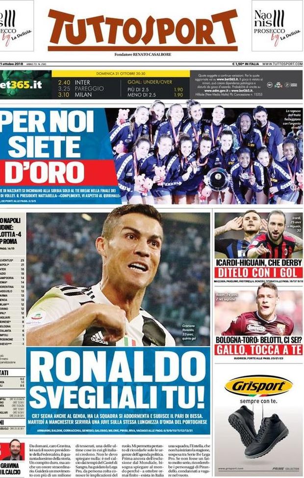 Prima Pagina, Tuttosport: “Ronaldo svegliali tu! Colpo Napoli a Udine. Flop Roma. Icardi-Higuain, che derby…” Prima Pagina, Tuttosport: “Ronaldo svegliali tu! Colpo Napoli a Udine. Flop Roma. Icardi-Higuain, che derby…”