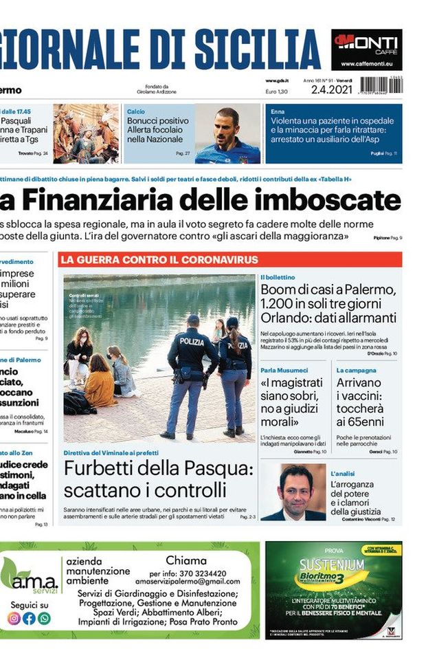 Prima Pagina, Giornale di Sicilia: “La Finanziaria delle imboscate. Boom di casi a Palermo. Furbetti della Pasqua, scattano i controlli” Prima Pagina, Giornale di Sicilia: “La Finanziaria delle imboscate. Boom di casi a Palermo. Furbetti della Pasqua, scattano i controlli”
