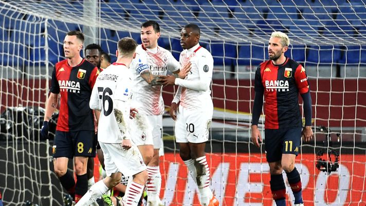 GENOA, ITALY - DECEMBER 16: Kalulu Kyatengwa of AC Milan celebrates with team mates after scoring the 2-2 during the Serie A match between Genoa CFC and AC Milan at Stadio Luigi Ferraris on December 16, 2020 in Genoa, Italy. (Photo by Paolo Rattini/Getty Images) GENOA, ITALY - DECEMBER 16: Kalulu Kyatengwa of AC Milan celebrates with team mates after scoring the 2-2 during the Serie A match between Genoa CFC and AC Milan at Stadio Luigi Ferraris on December 16, 2020 in Genoa, Italy. (Photo by Paolo Rattini/Getty Images)