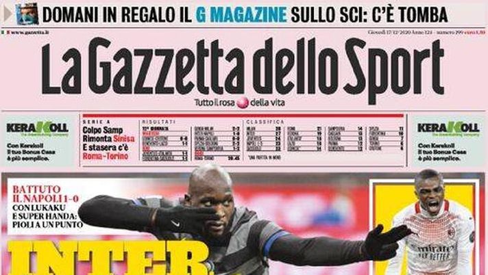 Gazzetta dello Sport, la prima pagina di oggi, giovedì 17 dicembre 2020 