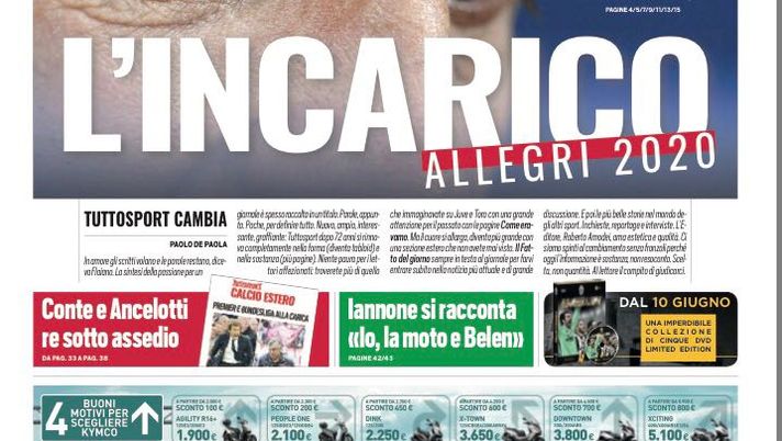 Prima Pagina, Tuttosport: &#8220;Juventus-Allegri 2020, l&#8217;incarico. Tutti pazzi per il Gallo, oggi vertice Toro-United&#8221; 