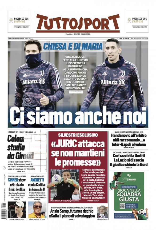 Tuttosport, la prima pagina di oggi, venerdì 6 gennaio 2023