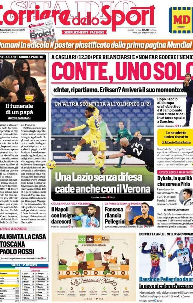  La prima pagina del Corriere dello Sport, in edicola oggi 13 dicembre 2020 