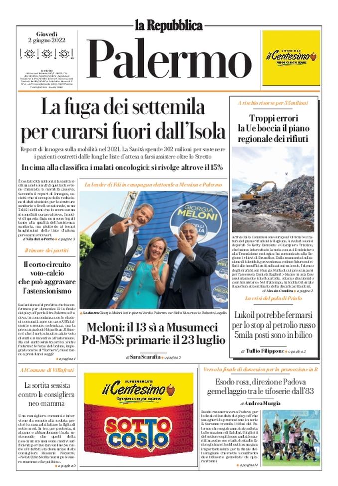 Prima Pagina, La Repubblica-Palermo: “Esodo rosa, direzione Padova. Gemellaggio…”  Prima Pagina, La Repubblica-Palermo: “Esodo rosa, direzione Padova. Gemellaggio…” - immagine 1