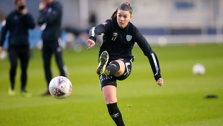 MANCHESTER, ENGLAND - DECEMBER 16: Pauline Hammarlund of Goteborg FC warms up ahead of the UEFA Women's Champions League Round of 32 Second Leg match between Manchester City and Goteborg at The Academy Stadium on December 16, 2020 in Manchester, England. The match will be played without fans, behind closed doors as a Covid-19 precaution. (Photo by Alex Livesey/Getty Images) Hammarlund