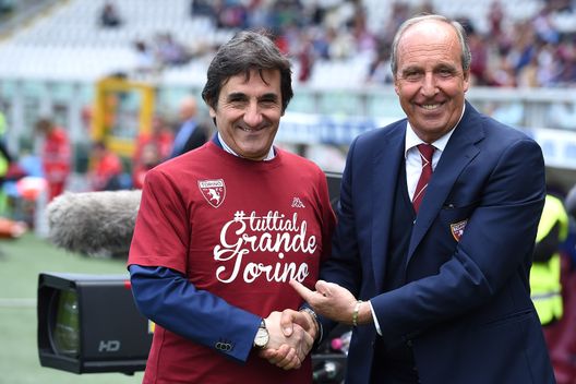 TURIN, ITALY - APRIL 24: Torino FC president Urbano Cairo (L) wearing a jersey with the new name of the stadium in honor of the Grande Torino with head coach Giampiero Ventura prior to the Serie A match between Torino FC and US Sassuolo Calcio at Stadio Grande Torino on April 24, 2016 in Turin, Italy. (Photo by Valerio Pennicino/Getty Images) TURIN, ITALY - APRIL 24: Torino FC president Urbano Cairo (L) wearing a jersey with the new name of the stadium in honor of the Grande Torino with head coach Giampiero Ventura prior to the Serie A match between Torino FC and US Sassuolo Calcio at Stadio Grande Torino on April 24, 2016 in Turin, Italy. (Photo by Valerio Pennicino/Getty Images)
