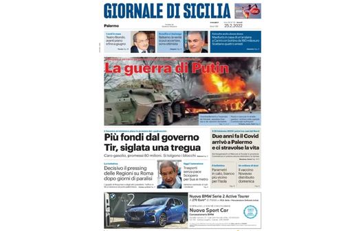 Prima Pagina, Giornale di Sicilia: “La Guerra di Putin. 2 anni fa il covid a Palermo” Prima Pagina