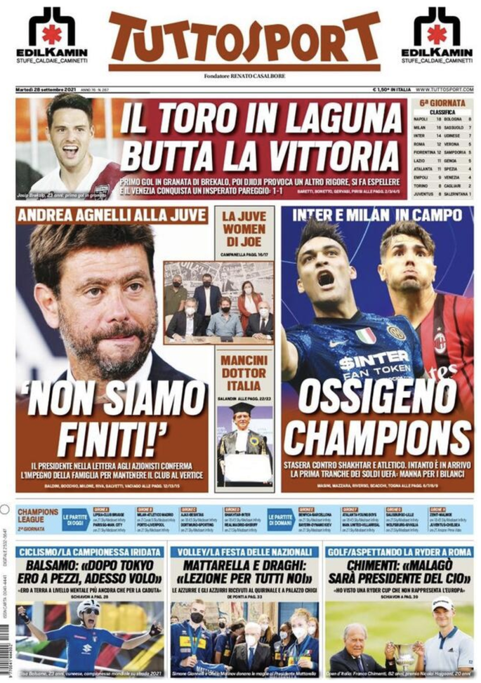 Prima Pagina, Tuttosport: “Ossigeno Champions. Mancini dottor Italia” 