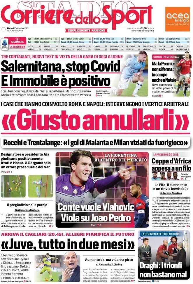 Prima Pagina, Corriere dello Sport: “Salernitana, stop Covid. E Immobile è positivo” Prima Pagina