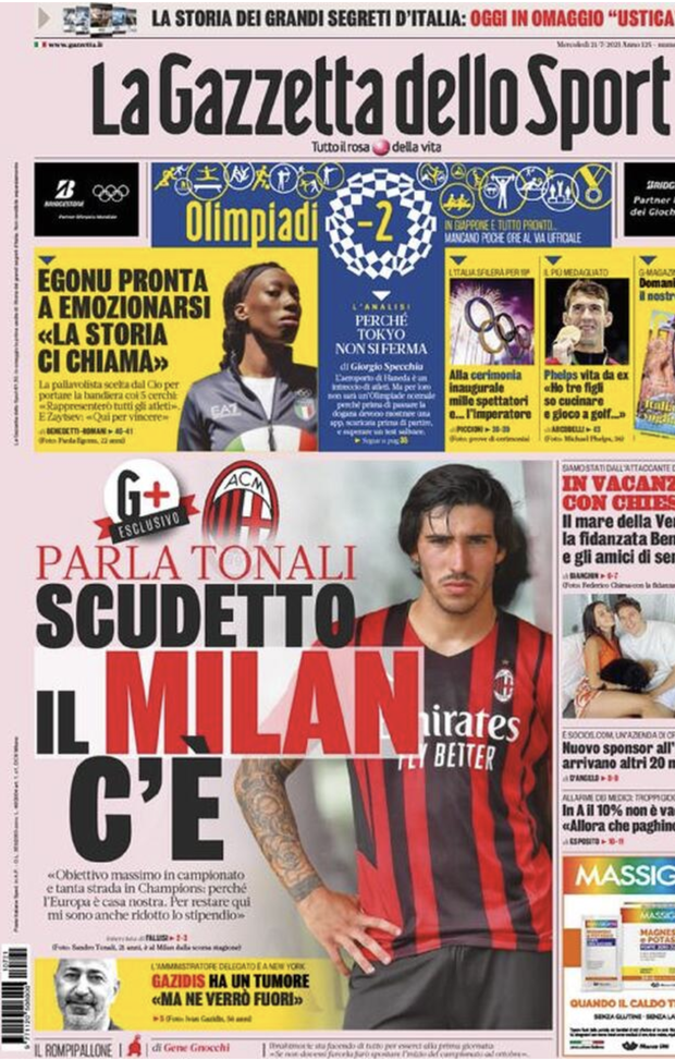 Prima Pagina, La Gazzetta dello Sport: “Scudetto, il Milan c’è. Nuovo sponsor Inter” Prima Pagina, La Gazzetta dello Sport: “Scudetto, il Milan c’è. Nuovo sponsor Inter”