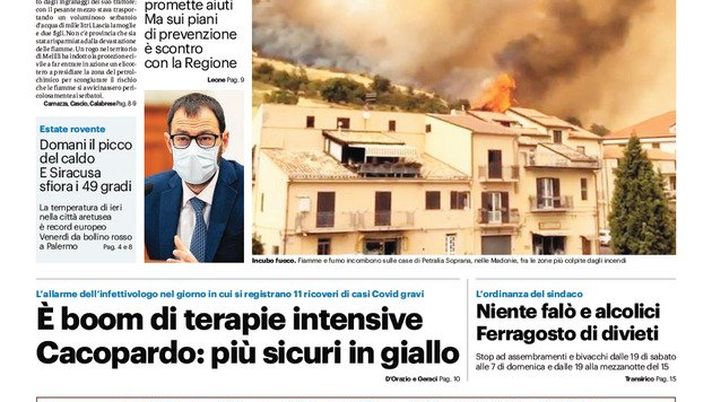 Prima Pagina, Giornale di Sicilia: “Un morto nella Sicilia a fuoco” 